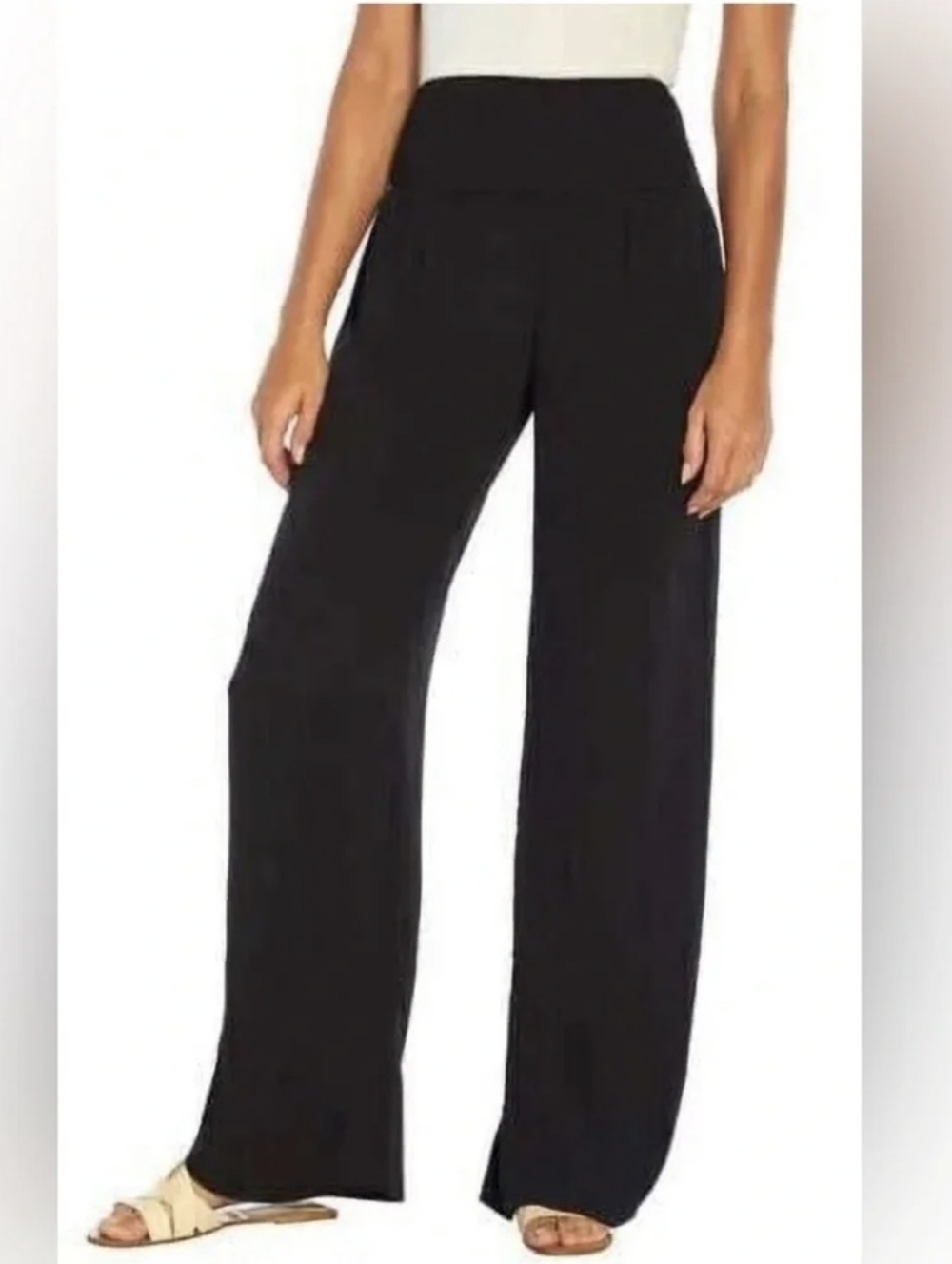 Three Dots Black Wide-Leg Smocked Waist Crinkled Pants Vacay Resortwear Summer L